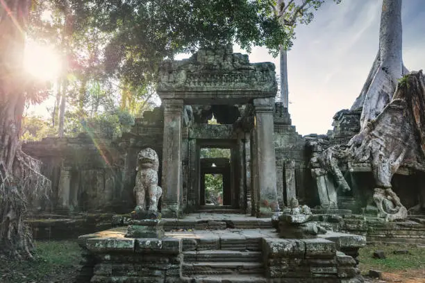 Preah Khan Temple backlit from moody Sunset Sunlight.  Ancient Khmer Temple in the Angkor Wat Complex - Archaeological Area. Preah Khan Temple, Angkor Wat Archaeological Area, Siem Reap, Cambodia, Southeast Asia, Asia.