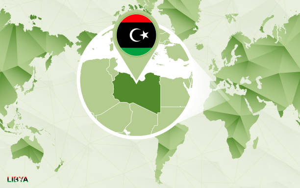 America centric world map with magnified Libya map. America centric world map with magnified Libya map. Green polygonal world map. libya map stock illustrations