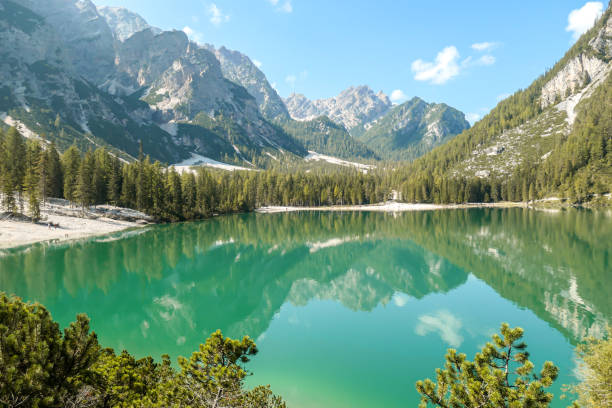 istock Pragser Wildsee - A panoramic view on a lake in South Tirolian Dolomites. High mountain chains around the lake 1293485821
