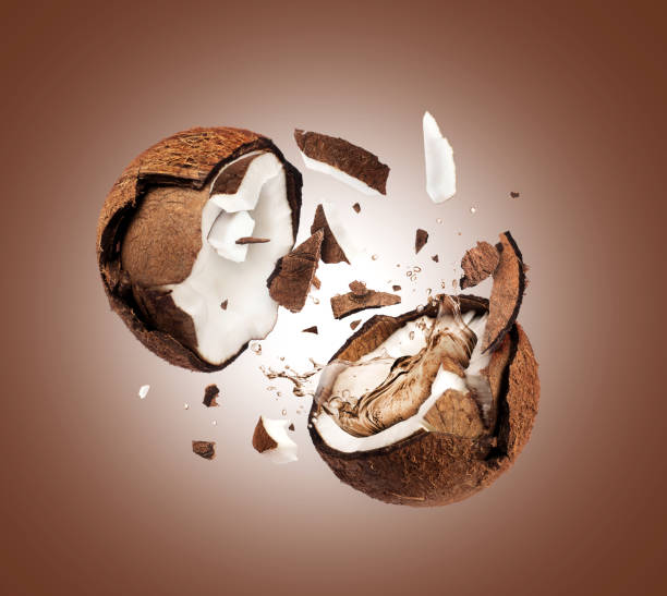 istock Coconut broken in the air into two halves on brown background 1293487303