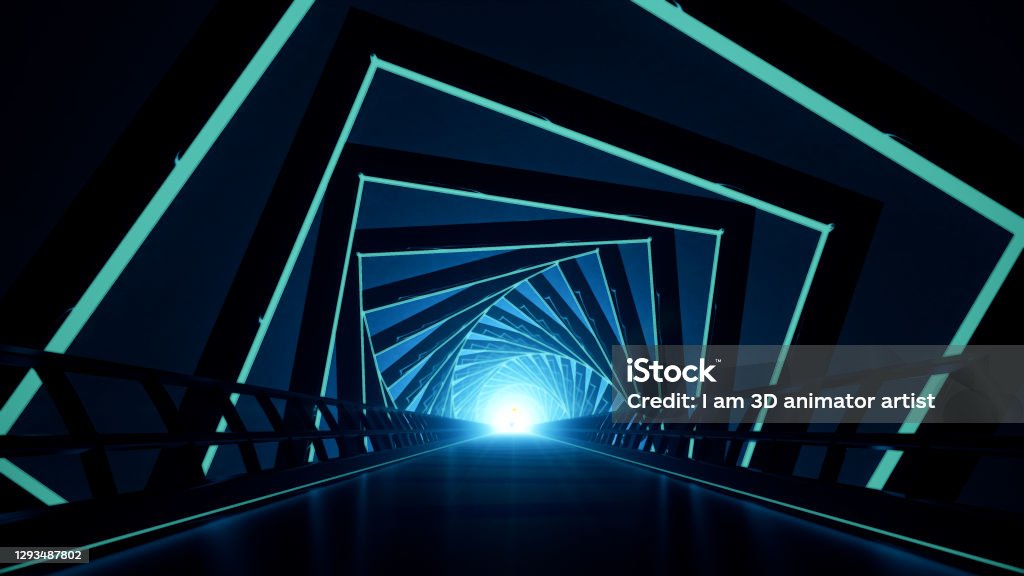 Bridge tunnel graphic design. Graphic tunnel bridge glow neon effect have small glow light at the end with 3d rendering. Bridge - Built Structure Stock Photo