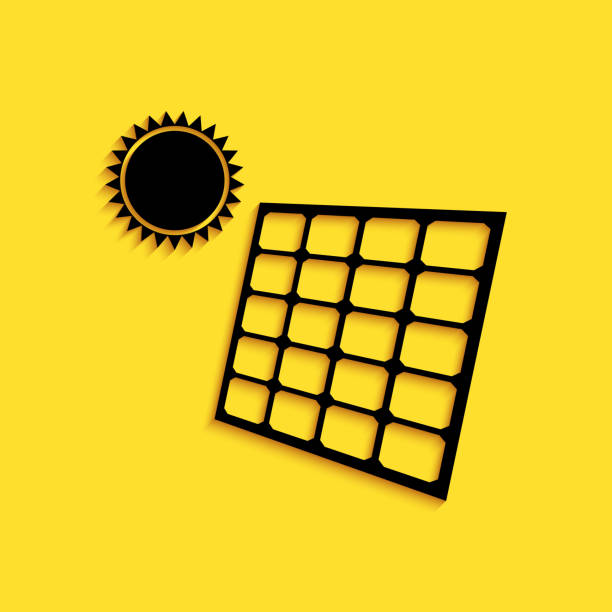 schwarze sonnenenergie-panel und sonnen-symbol isoliert auf gelbem hintergrund. langer schatten-stil. vektor - solar power station solar panel sun house stock-grafiken, -clipart, -cartoons und -symbole