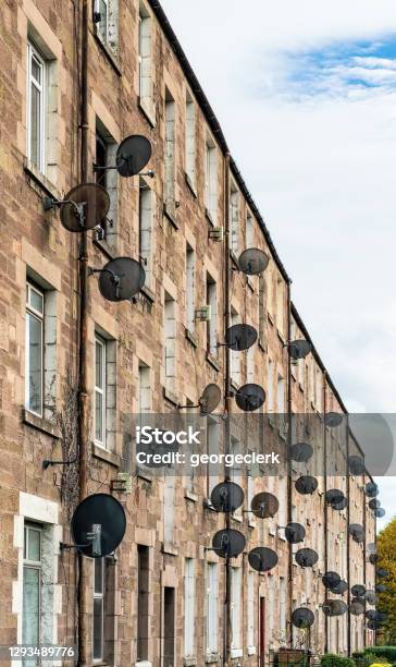 Satellite Dishes Outside Residential Flats Stock Photo - Download Image Now - Scotland, Aberdeen - Scotland, Dundee - Scotland