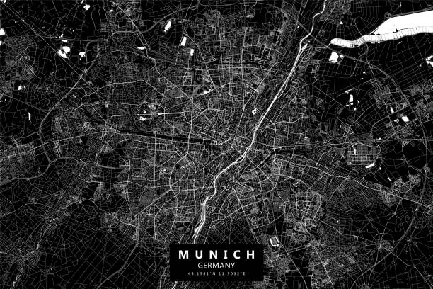 Munich, Germany Vector Map Poster Style Topographic / Road map of Munich, Germany. Original map data is open data via © OpenStreetMap contributors. All maps are layered and easy to edit. Roads are editable stroke. black and white map of united states stock illustrations