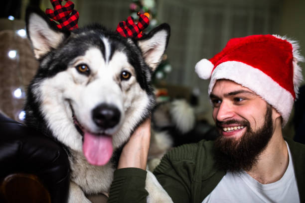 istock A young man happy while petting his dog at Christmas 1293490991