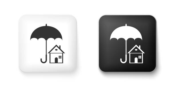 czarno-biały dom z ikoną parasola izolowane na białym tle. symbol ubezpieczenia nieruchomości. ochrona, bezpieczeństwo, bezpieczeństwo, ochrona, koncepcja obrony. kwadratowy przycisk. wektor - insurance rain insurance agent umbrella stock illustrations