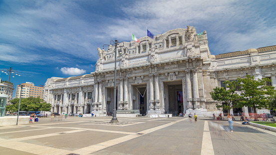 Front view of Milan antique central railway station timelapse