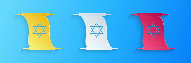 istock Paper cut Torah scroll icon isolated on blue background. Jewish Torah in expanded form. Torah Book. Star of David symbol. Simple old parchment scroll. Paper art style. Vector 1293492292
