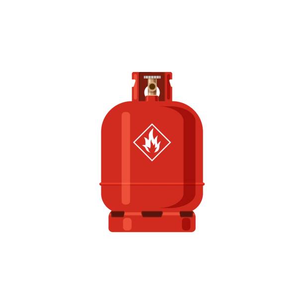 istock Gas cylinder. Red Lpg propane container with fire icon, tank with industrial liquefied compressed high pressure oxygen, canister fuel storage. Vector flat single isolated object 1293493587