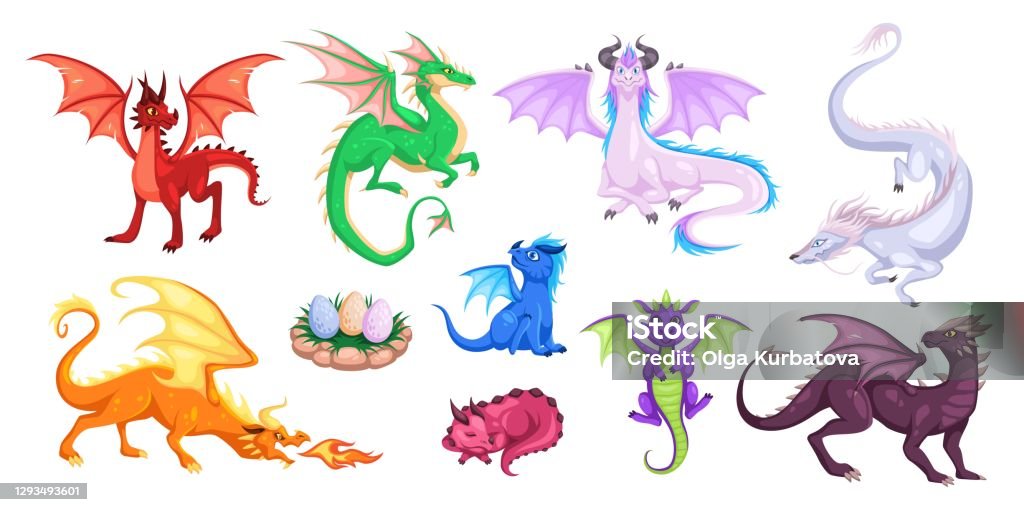 Magic Dragons Fantasy Funny Creatures Big Flying Fairy Animals  Firebreathing Legendary Characters Adults And Babies Mythical Reptiles  Childish Bright Cartoon Vector Set Stock Illustration - Download Image Now  - iStock