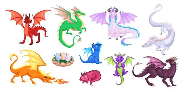 Vector illustration of Magic dragons. Fantasy funny creatures, big flying fairy animals, fire-breathing legendary characters, adults and babies mythical reptiles. Childish bright cartoon vector set