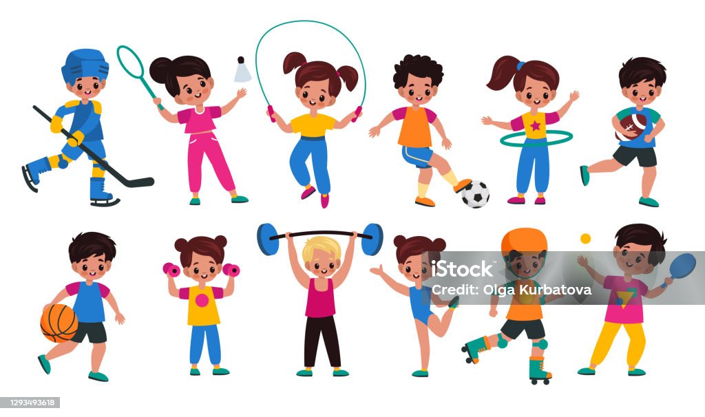Sport Kids Children With Sports Attributes Boys And Girls With Different  Balls Fitness Accessories And Rackets Young Characters Plays Hockey Tennis  And Basketball Cartoon Vector Set Stock Illustration - Download Image Now -