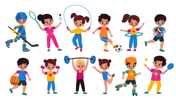 Sport kids. Children with sports attributes, boys and girls with different balls, fitness accessories and rackets. Young characters plays hockey, tennis and basketball. Cartoon vector set Sport kids. Children with sports attributes, boys and girls with different balls, fitness accessories and rackets. Young characters plays hockey and tennis, rugby and basketball. Cartoon vector set baseball helmet stock illustrations