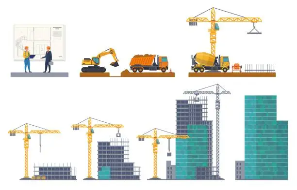 Vector illustration of Building stages. House emergence, project discussion, pit digging, foundation pouring, frame construct, concrete panels. Machinery and crane, truck at construction site vector concept