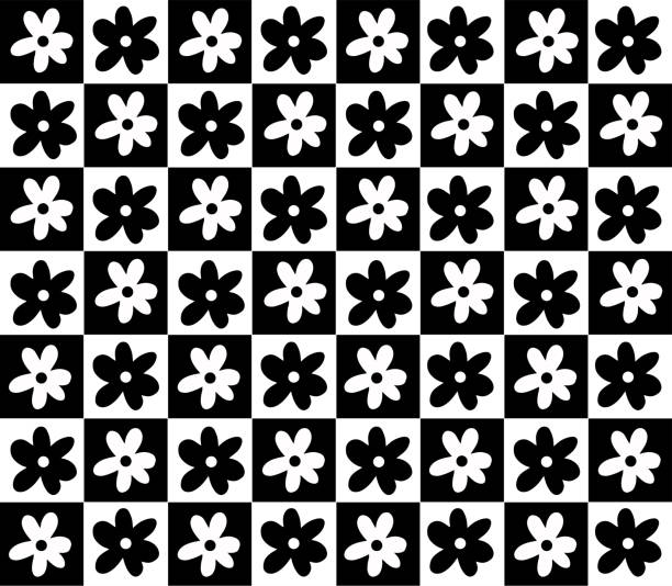 daisy flowers Illustration of daisy flowers with white petals and black centers arranged in a grid pattern psychedelic flowers stock illustrations