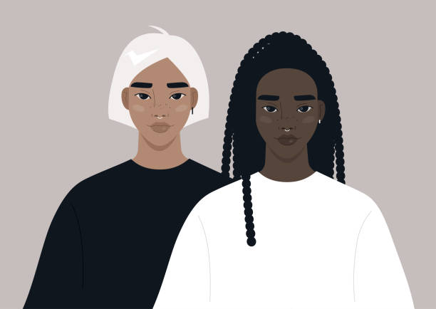 ilustrações, clipart, desenhos animados e ícones de duas jovens personagens femininas ao lado uma da outra, diversidade e individualidade, juventude moderna - homosexual couple illustrations