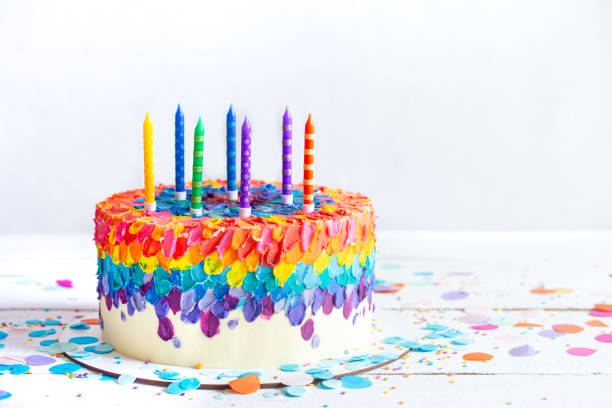 istock Handmade colorful big birthday cake with multicolored candles. 1293495267