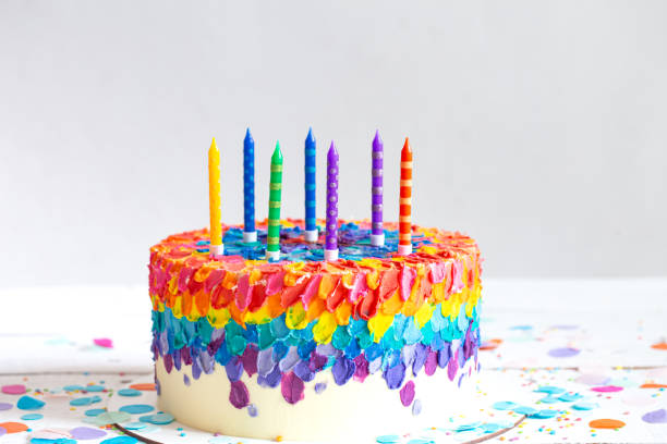 istock Handmade colorful big birthday cake with multicolored candles. 1293495268