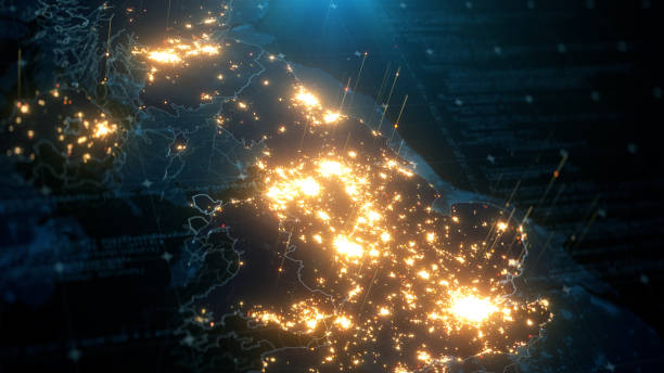 Night Map of United Kingdom with City Lights Illumination Night Map of United Kingdom with City Lights Illumination. 3D render uk stock pictures, royalty-free photos & images