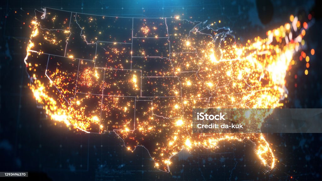 Night Map of USA with City Lights Illumination Night Map of USA with City Lights Illumination. 3D render USA Stock Photo