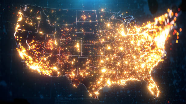 Night Map of USA with City Lights Illumination Night Map of USA with City Lights Illumination. 3D render country geographic area stock pictures, royalty-free photos & images