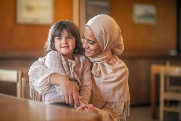 An adorable pair of a muslim mother and daughter together.