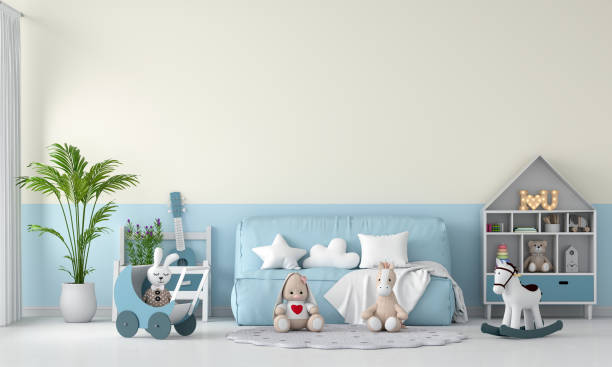 istock Blue sofa in child room interior for mockup, 3D rendering 1293498678