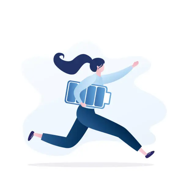 Vector illustration of Happy businesswoman hold battery with full level and runs to work. Successful and strong woman employee, stress resistance concept