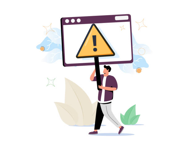 ilustrações de stock, clip art, desenhos animados e ícones de man holding triangular warning sign with exclamation mark. concept of fatal error, operating system failure, program. - fatal accident illustrations