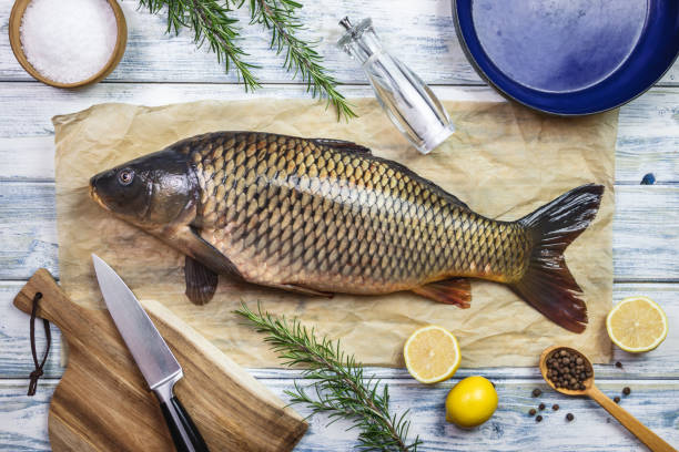 istock Carp freshwater fish and cooking ingredients on table 1293501823
