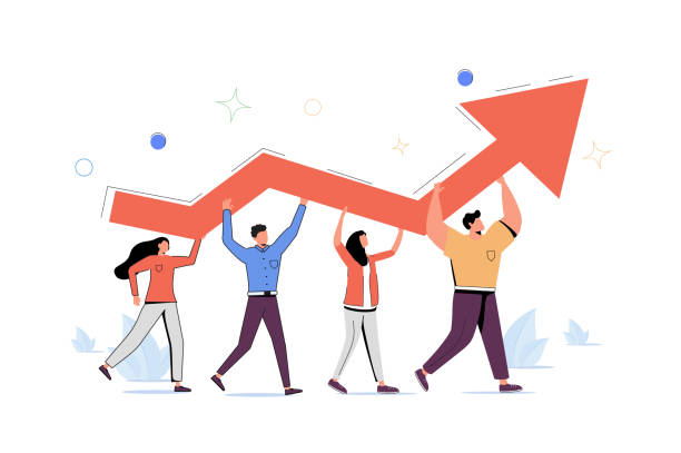 성공 개선 및 성장 작은 사람 개념으로 개발 진행. 증가와 전문 팀워크 장면. - moving up arrow sign improvement growth stock illustrations