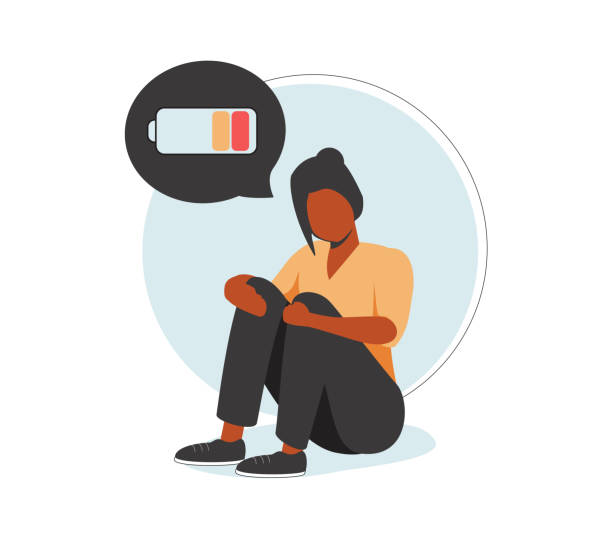 Tired woman sitting and hugging her knees with a discharged battery in the thoughts. Fatigued female is in emotional. Tired woman sitting and hugging her knees with a discharged battery in the thoughts. Fatigued female is in emotional burnout or mental disorder. Vector illustration bored teen stock illustrations