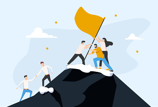 Teamwork partnership with business team assistance help tiny persons concept. Target reaching as company employee challenge to climb to mountain together with unity and cooperation vector illustration