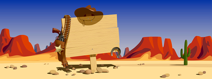 Wood signboard with cowboy hat and colt against the backdrop of the sunlit desert and mountains of the Wild West of the USA. Vector illustration