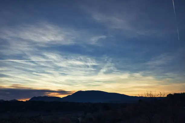 Piegon, France - December 22, 2020. View of a winter sunrise, between Drome and Vaucluse, above Mont-Ventoux.