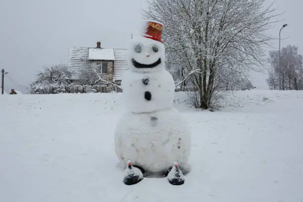 City Cesis, Latvia. Snowman in winter with white snow. Travel photo.25.12.2020