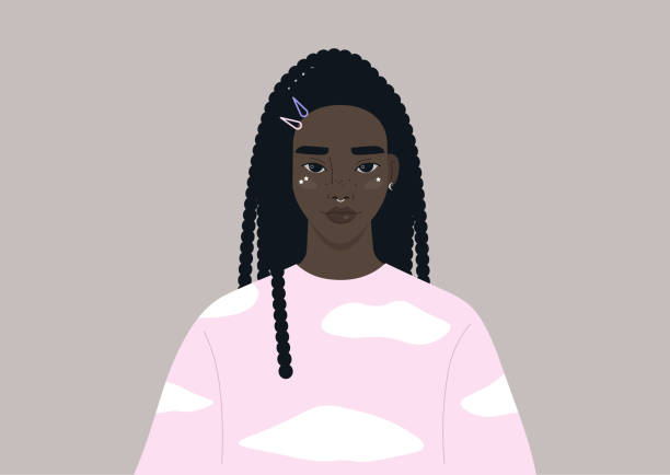 Gen z lifestyle portrait, a young female Black character wearing trendy clothes, soft girl subculture Gen z lifestyle portrait, a young female Black character wearing trendy clothes, soft girl subculture septum piercing stock illustrations