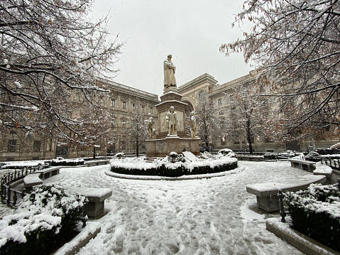 Street view of Milan during the snow blizzard of late December.