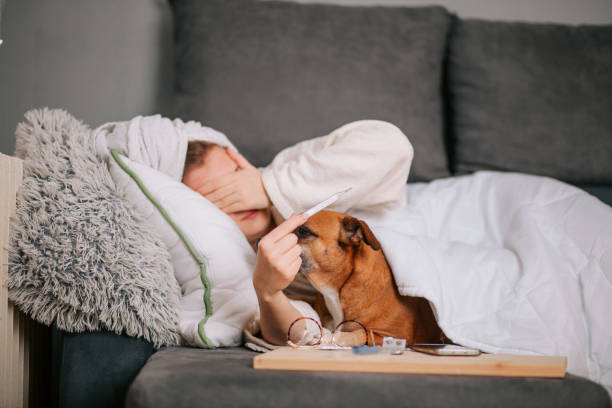 istock Sick woman with protective face mask and her dog lying on the sofa 1293512892