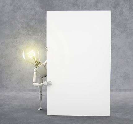 A light bulb character with its lit bulb is looking out from behind a big blank advert board that is holding up with its hands, on an abstract gray background