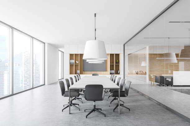 istock Modern white and wooden meeting room, side view 1293516610