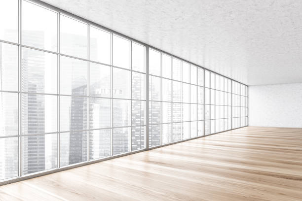 istock Large empty white and wooden hall with big window, office room 1293517251