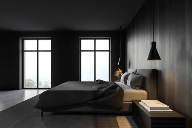 istock Gray and wooden master bedroom interior, side view 1293517277