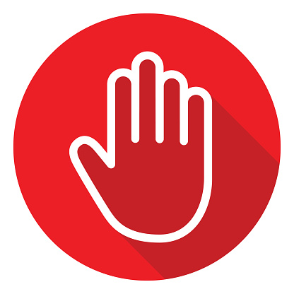 Vector illustration of a white outlined hand on a red circle.