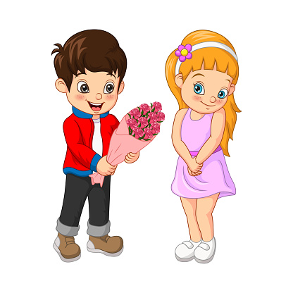 Cute Boy Giving Lovely Flower Bouquet To A Girl Stock Illustration -  Download Image Now - Adult, Bouquet, Boyfriend - iStock