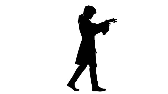 Silhouette Man dressed like Mozart conducting while walking