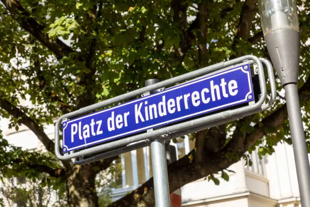 streetsign platz der kinderrechte - place of childrens rights - in Wiesbaden, Germany