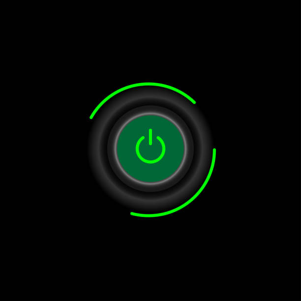 istock On Off Push style power neon buttons, The Off buttons are enclosed in green icon with Shadow, white and black background, 1293535088