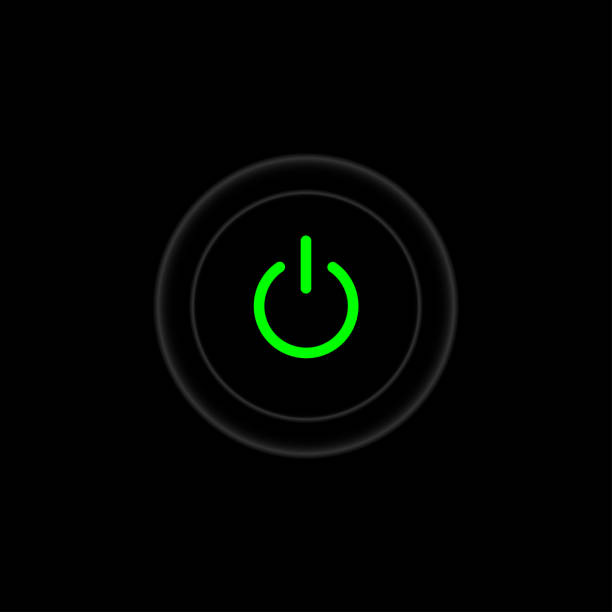 istock On Off Push style power buttons, The On Off buttons are enclosed in green icon in black background, 1293535098