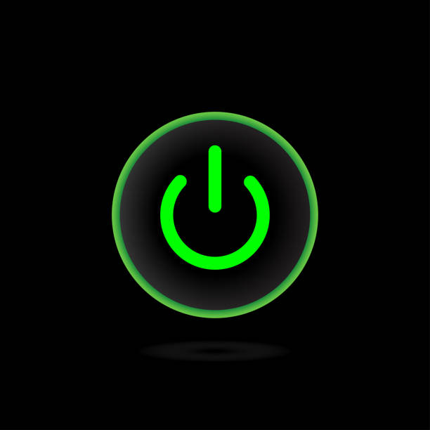 auf off-stil power rot, grün neon-taste, die ein-aus-tasten sind in grünem symbol in schwarzem hintergrund, - interface icons push button square shape badge stock-grafiken, -clipart, -cartoons und -symbole